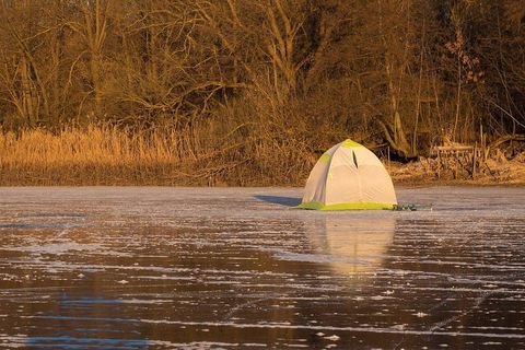 Палатка на первом льду у камыша